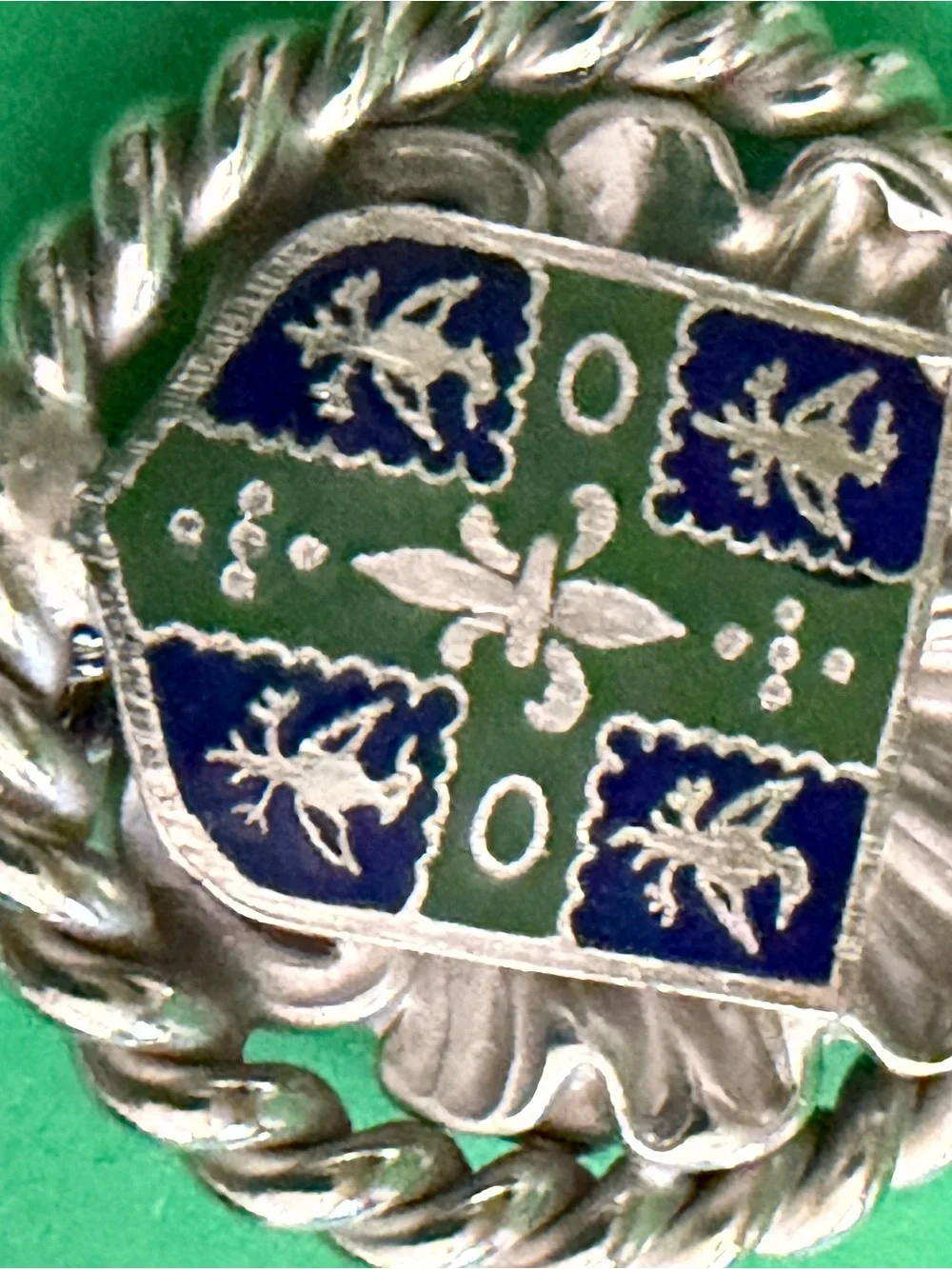 Vintage Heraldic Chatelaine double pin Brooch Silver-tone Green and Blue Enamel